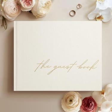 Imagem de Livro de visitas de casamento - Livro de visitas para recepção de casamento com capa dura de linho e relevo dourado - páginas sem forro, sem vazamento - Lembrança perfeita para logins e polaroides