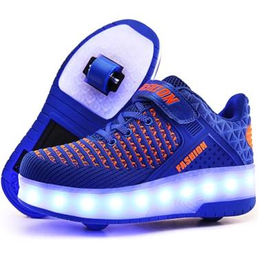 Imagem de Ufatansy tênis de skate com rodinhas recarregáveis USB para meninos e meninas, tênis fashion com rodas, superfície de malha confortável, dia de Ação de Graças, melhor presente de Natal, J-double Blue, 1.5 Little Kid