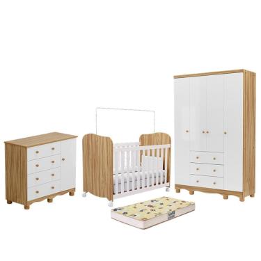 Imagem de Dormitório Júnior Guarda Roupa 4 Portas, Cômoda 1 Porta e Berço Uli com Colchão Supreme - Móveis Peroba