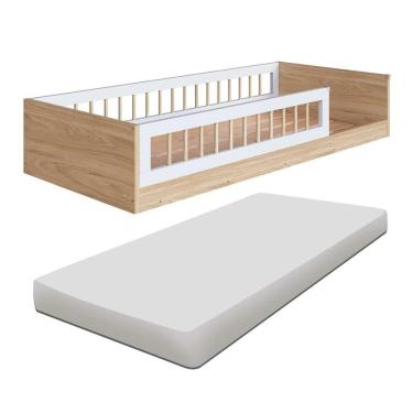 Imagem de Cama Com Colchão Solteiro Montessoriana Infantil Proteção Lateral Affetto Aveiro Oak Branco