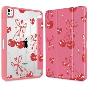 Imagem de Mektron Capa para M4 iPad Pro 11 polegadas 2024 com suporte para lápis, modelos compatíveis: A2836/A2837/A3006, capa à prova de choque transparente + suporte de três dobras, arcos de cereja C388