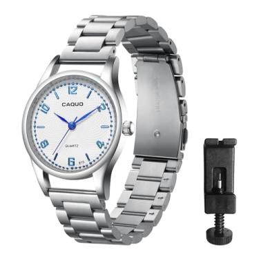 Imagem de BOSHIYA Relógio feminino prateado clássico analógico de quartzo com pulseira de aço inoxidável à prova d'água, Branco + azul., Clássico