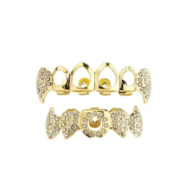 Imagem de YOSZO Vampire Teeth Fang Grillz Aparelhos ocos para dentes afiados banhados a ouro 14K Presas Hip Hop Dentes superiores inferiores Grelhas para homens e mulheres, Medium, Pedra preciosa, Diamante
