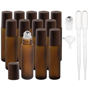 Imagem de SESENSE Frascos de rolo de óleo essencial, frascos de perfume de vidro espesso de 10 ml com abridor de funil e conta-gotas, frascos vazios de vidro âmbar com bolas de rolo de aço inoxidável (âmbar