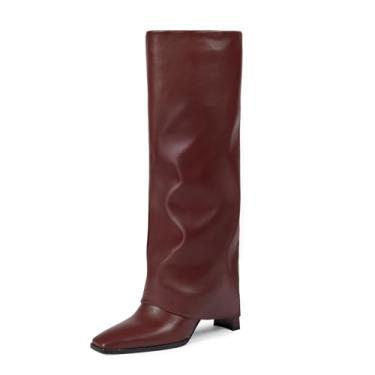 Imagem de wetkiss Botas de cano alto femininas dobráveis, bico quadrado, salto grosso com meio zíper, vestido longo na altura do joelho, botas altas para mulheres, moda, festa, casamento, dia a dia, Botas com