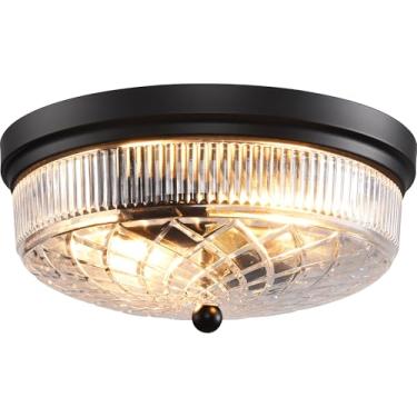 Imagem de SINMILA Luminária de teto semi-embutida com persianas de vidro transparente, 3 luzes industriais pretas para montagem de teto para cozinha, sala de estar, hall de entrada