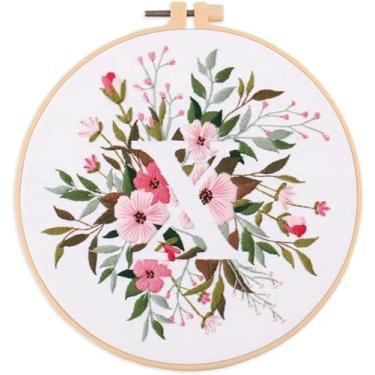 Imagem de Conjunto De Bordado Kit De Bordado Floral Para Iniciantes E Adultos Kits De Ponto Cruz Kit Inicial De Bordado Com Padrão De Letra Inicial E Flor Kits De Ponto Cruz, Color-c, With 20cm hoop