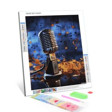 Imagem de Microfone com notas musicais kits de pintura de diamante 5D para adultos iniciantes pintura de arte de diamante redondo faça você mesmo broca completa pontos de diamante pinturas de parede arte de