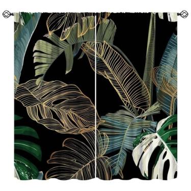 Imagem de Cortinas de palmeira, folhas de palmeira tropicais em ouro verde abstrato folha de bananeira moderna planta botânica padrão natureza cortinas janela 2 painéis cortina bolso haste para quarto decoração