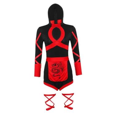 Imagem de YIJU Fantasia feminina, conjunto completo com capuz para Halloween, macacão adulto versátil vermelho e preto, roupa de dramatização, M