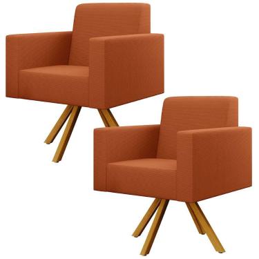 Imagem de Kit 02 Poltronas Giratórias Sala de Estar Base de Madeira Helô L02 Tecido Terracota - Lyam Decor