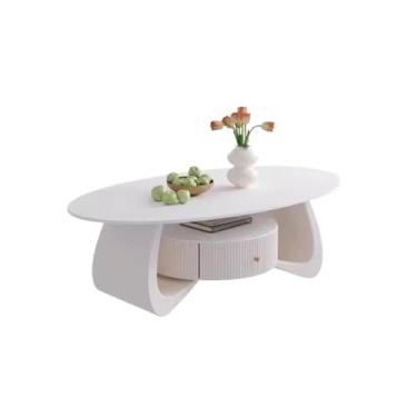 Imagem de Mesa de centro de design simples, mesa de centro de laje de pedra para sala de estar, mesa oval pequena para uso doméstico, mesa lateral minimalista para sala de estar (branca, média)