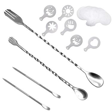 Imagem de ACKLLR Conjunto de 36 peças de cafeteira, 32 peças de estênceis de decoração de café + 2 canetas latte + 2 pacotes de colheres de mistura de padrão espiral garfo 2 em 1 para bolo de mousse, festa de