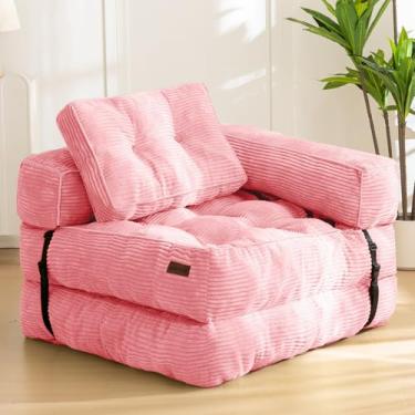 Imagem de MAXYOYO Sofá-cama dobrável, conversível em forma de L de sofá para cama de dormir com travesseiro, lounge confortável para sala de estar quarto, rosa
