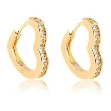 Imagem de Brinco Argola Zirconia Coração Dourado F. Ouro 18K - Dourado