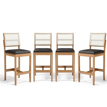 Imagem de Kit Com 4 Banquetas Milena Madeira Maciça Assento Estofado Encosto De Tela Sintética