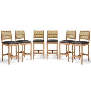 Imagem de Kit Com 6 Banqueta Milena Madeira Maciça Assento Estofado Encosto De Tela Palha Sextavada