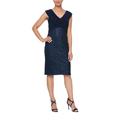 Imagem de Alex Evenings Vestido feminino de coquetel com gola V, comprimento até o joelho, para mãe da noiva (tamanhos pequenos e regulares), Gola franzida azul-marinho, 40