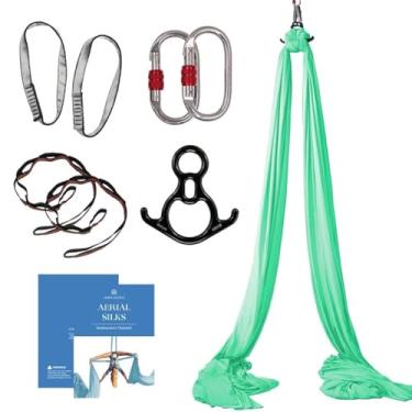 Imagem de Kit de seda aérea Aum Active – Acrobatic Flying Dance Yoga Trapeze Aerial Yoga Hammock Swing – Inclui 9 jardas de tecido de tricô aéreo, ferragens e guia – para Rigging Point até 3 metros, Aqua, 9 Yards
