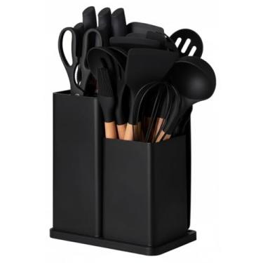 Imagem de Kit Utensilio de Cozinha 19 Peças Silicone Cabo de Bambu Facas afiadas kit Funcional e Moderno