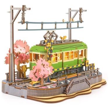 Imagem de Quebra Cabeças 3D em Madeira para Adultos, Tema Estação de Trem com 223 Peças e Luzes LED, Rolife, Verde e Rosa