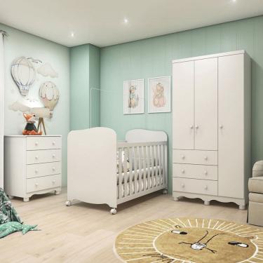 Imagem de Quarto de Bebê Completo Junior Uli 3 Portas 7 Gavetas 100% Mdf Branco Brilho - Móveis Peroba