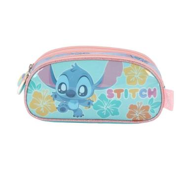 Imagem de Estojo Escolar Triplo Luxcel Stitch Aloha Azul Turquesa