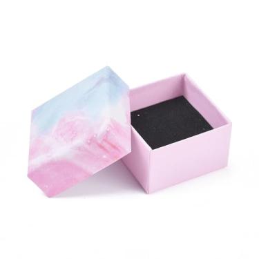 Imagem de 2 caixas quadradas de anel de papel de papelão 5 x 5 x 3 cm com esponja interior imitação tie dye design rosa azul pequena caixa de anel de joias embalagem de armazenamento para Natal, casamentos