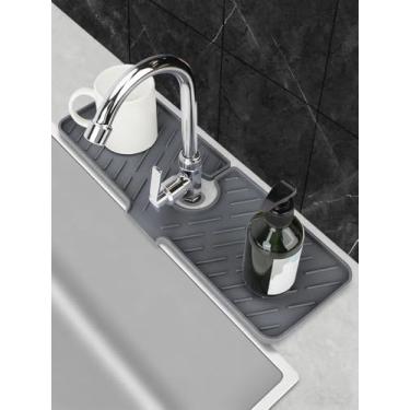 Imagem de Bandeja de torneira de silicone - Organizador de pia de cozinha e banheiro com coletor de gotejamento, suporte de sabão/esponja e protetor de respingos (45 x 16 cm - cinza escuro)