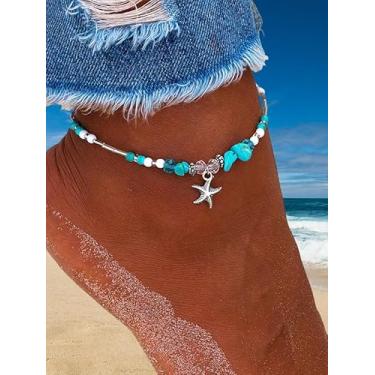 Imagem de Tornozeleira com pingente de estrela do oceano turquesa sintética, boêmia, retrô, sementes, miçangas, verão, praia, boêmia, vintage, tornozeleira étnica, joia descalça, dia dos namorados, presentes de