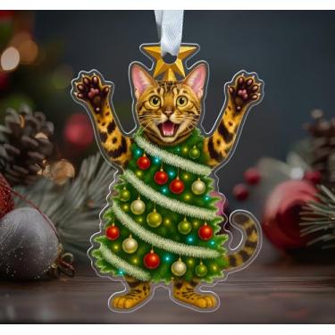 Imagem de Enfeite de acrílico para árvore de Natal de gato de Bengala - Linda Bengala vestida como árvore de Natal - Decoração de Natal exclusiva - Presente para amantes de gatos