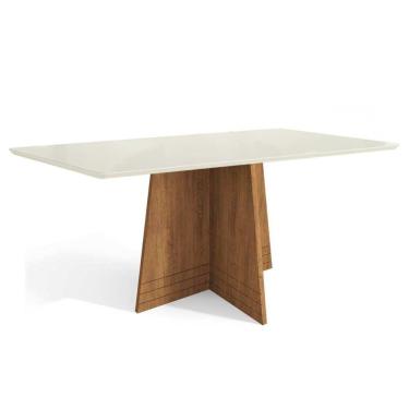 Imagem de Mesa Para Cozinha Lótus Com Tampo Madeirado Com Vidro 80x120cm Freijó Off White Kappesberg