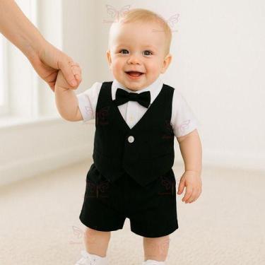 Imagem de Conjunto Infantil Social Shorts Xadrez Listrado Gravata Borboleta Bebê