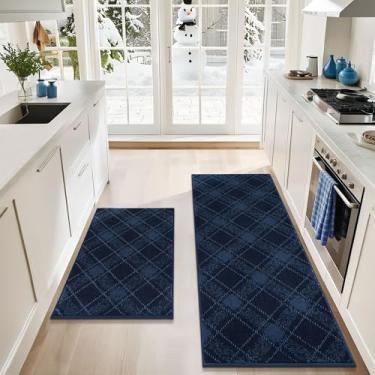 Imagem de COSY HOMEER Conjuntos de tapetes e tapetes de cozinha, 2 peças, tapetes de cozinha macios antiderrapantes para o chão, absorvente e resistente a manchas, tapetes xadrez laváveis para cozinha, 61 cm x