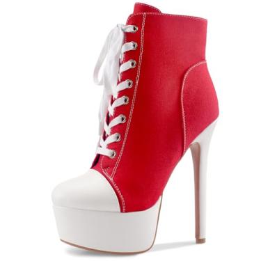 Imagem de Perisis Bota feminina preta plataforma tornozelo salto alto stiletto bota curta cadarço lona sapatos fechados bico redondo com zíper lateral para mulheres sexy primavera outono inverno, Tela vermelha