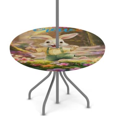 Imagem de hongjinglin Toalha de mesa de Páscoa para uso ao ar livre com orifício para guarda-chuva, toalha de mesa redonda elástica com zíper, impermeável, limpável, para piquenique, festa, pátio, serve para