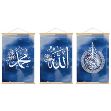 Imagem de 3 peças/conjunto de pôster de parede de caligrafia árabe alcorão muçulmano Alá islâmico, decoração de quarto doméstico, papel de parede diário, arte em tela emoldurada, decoração de casa de escritório