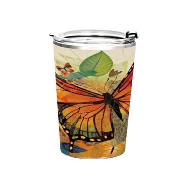 Imagem de Blueangle Copo de 340 g com tampa e canudo, copo de café com água isolada a vácuo de aço inoxidável, caneca de viagem borboleta laranja copo térmico para bebidas quentes e frias (192)