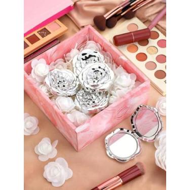 Imagem de 1 peça de presente de chá de panela pequeno espelho portátil com padrão rosa para convidados, espelho de viagem rosa com pincel, inclui etiqueta de agradecimento, corda de juta e bolsa de organza