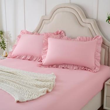 Imagem de Homiest Conjunto de 3 peças de fronhas e lençol com elástico, rosa claro Queen com 2 fronhas com babados, bolso profundo de 38 cm, jogo de cama de microfibra fofo e coquete para decoração de quarto de