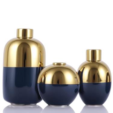Imagem de Conjunto de 3 vasos de cerâmica, vasos decorativos modernos para decoração de casa, centro de mesa de luxo (azul dourado)