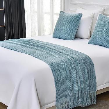 Imagem de Colcha de cama de corredor de cama moderna cor sólida tricotado cobertor de cama borla luxo macio confortável protetor de cama para pé da cama toalha de cama decoração - azul claro||65 x 230 cm (cama