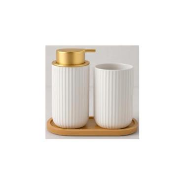 Imagem de Kit Bancada de Banheiro com 3 Peças, Porcelana e PVC, Preto, Porta Sabonete Líquido 390ml, Porta Escovas, Saboneteira