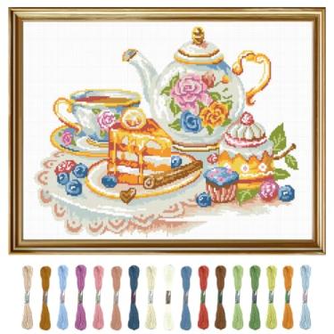 Imagem de FREEBLOSS Kits de ponto cruz de 11 quilates com estampa de chá da tarde gama completa de kits de bordado para iniciantes kit de pintura de parede de ponto cruz estampado com instruções, 40 x 40 cm