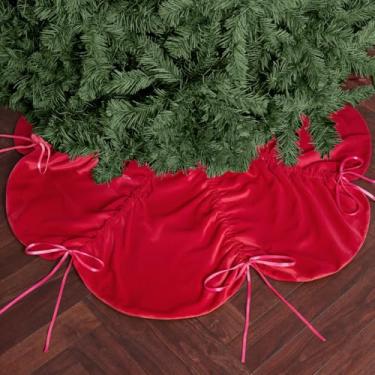 Imagem de xo, Fetti Saia de árvore de Natal de veludo vermelho | 104 cm | Decorações de Natal Pinkmas, acessório de festa de Feliz Natal, cobertor de gola de árvore, detalhes franzidos