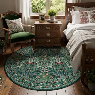 Imagem de Tapete redondo de 1,8 m - Tapete floral vintage lavável de pelo baixo antiderrapante para sala de estar, quarto, sala de jantar, escritório (verde escuro)