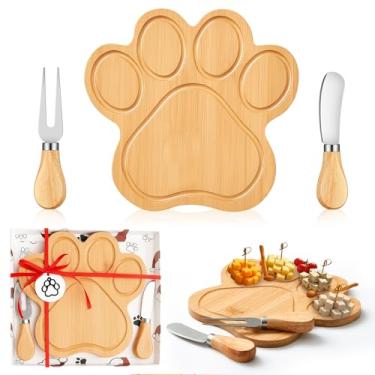 Imagem de Ziliny Conjunto de presente de tábua de queijo em forma de pata de cachorro com facas, estampa de pata pequena tábua de corte de charcutaria, presentes para amantes de cães, presentes para mulheres