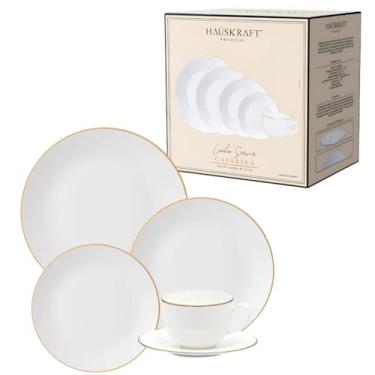 Imagem de Hauskraft Premium Aparelho de Jantar Branco com Borda Dourada, Porcelana, 20 Peças, Linha Catarina, Conjunto Completo para Servir