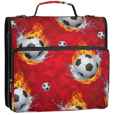 Imagem de 3 fichários para fichários de 3,8 cm, bolas de futebol, chamas, fichário com zíper, bolsa organizadora para fichários escolares com alça de ombro, portfólio fofo, comporta 500 lençóis, 34,5 x 31,5 x 9