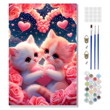 Imagem de DOMROM Pintura emoldurada por números gato para adultos iniciantes, kits de pintura por números de animais em tela, kit de artesanato de gato para presente de decoração de casa 20 x 30 cm